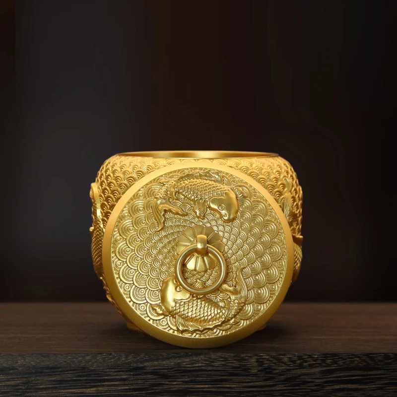 Chinese Brass Carp Pattern Sealed Tea Can Portable Travel Mini Storage Home Furnishings Office Tabletop Decor Copper Tea Box 1Pc