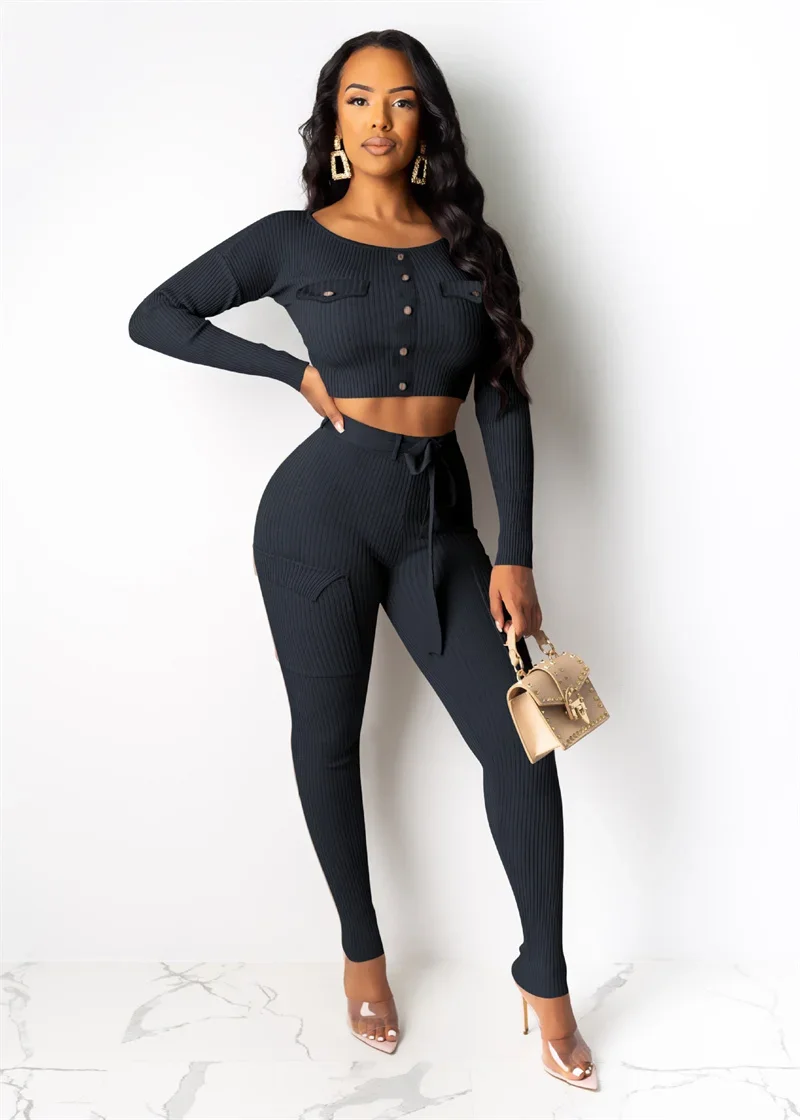 Women Solid Color Pitted Stripes Knitted Set Single-breasted Cardigan Short Tops High Waist Lace-up Pants Tight Two-piece Suits