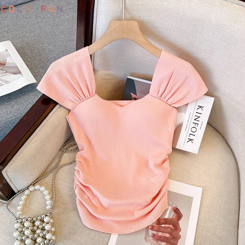 

Elegant V Neck Short Sleeve Ruched Knitting T Shirt Women Fashion Slim Puff Short Short T Shirt 2023 Solid Color Streetwear Top