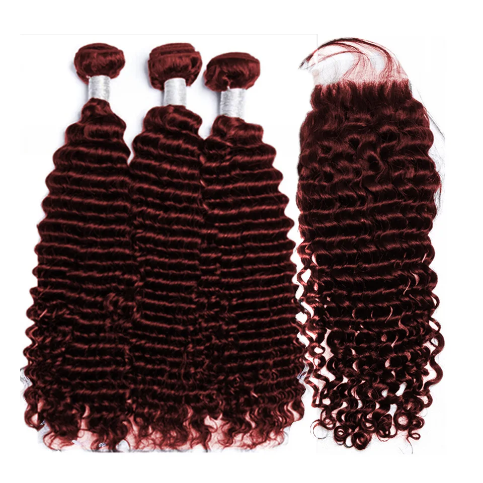 #99j Burg Color Brazilian Deep Wave 3/4 Hair Bundles with HD Transparent Lace Closure Remy Human Hair Bundles with Lace Frontal