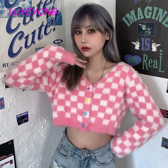 Korean Fashion Clothes Lady Plaid Short Length Sweet Sexy V Neck Button  Knitted Sweaters Pink Girl Y2k Cardigan Sweater Autumn - AliExpress