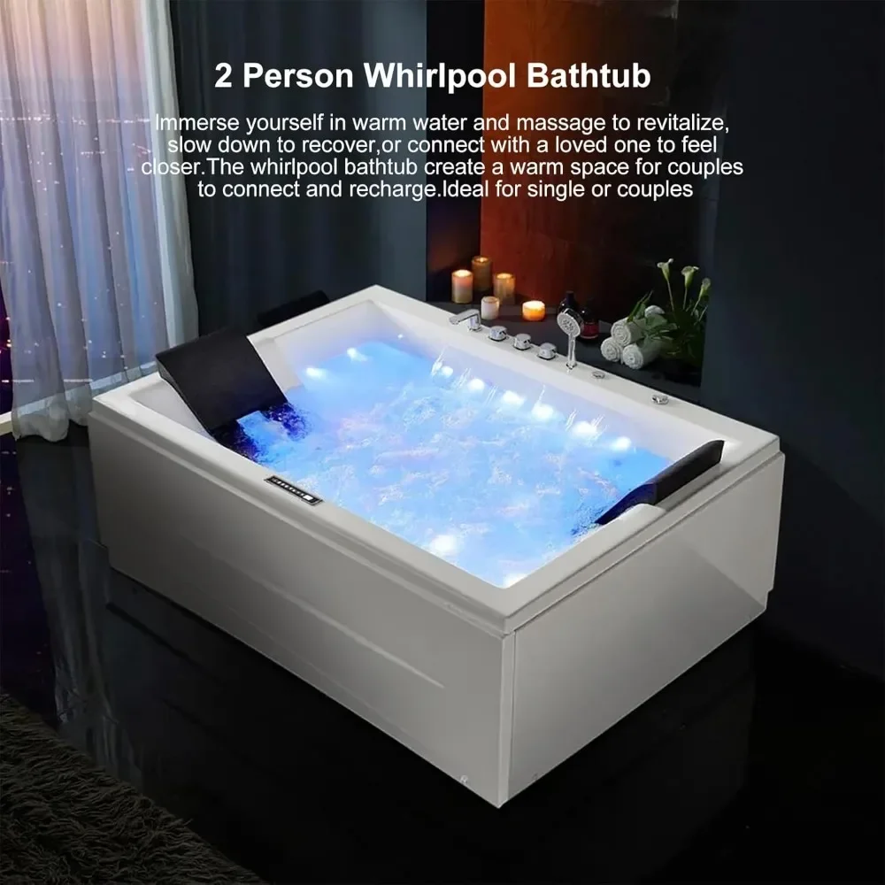 Whirlpool Bathtub for 2 People, Spray Bathtub, 71 Inch Massage Belt, 18 Water Nozzles+20 Air Nozzles, White Color Therapy 6