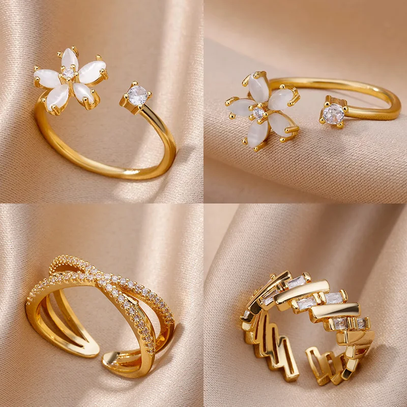 Opal Zirconia Stainless Steel Flower Wedding Ring