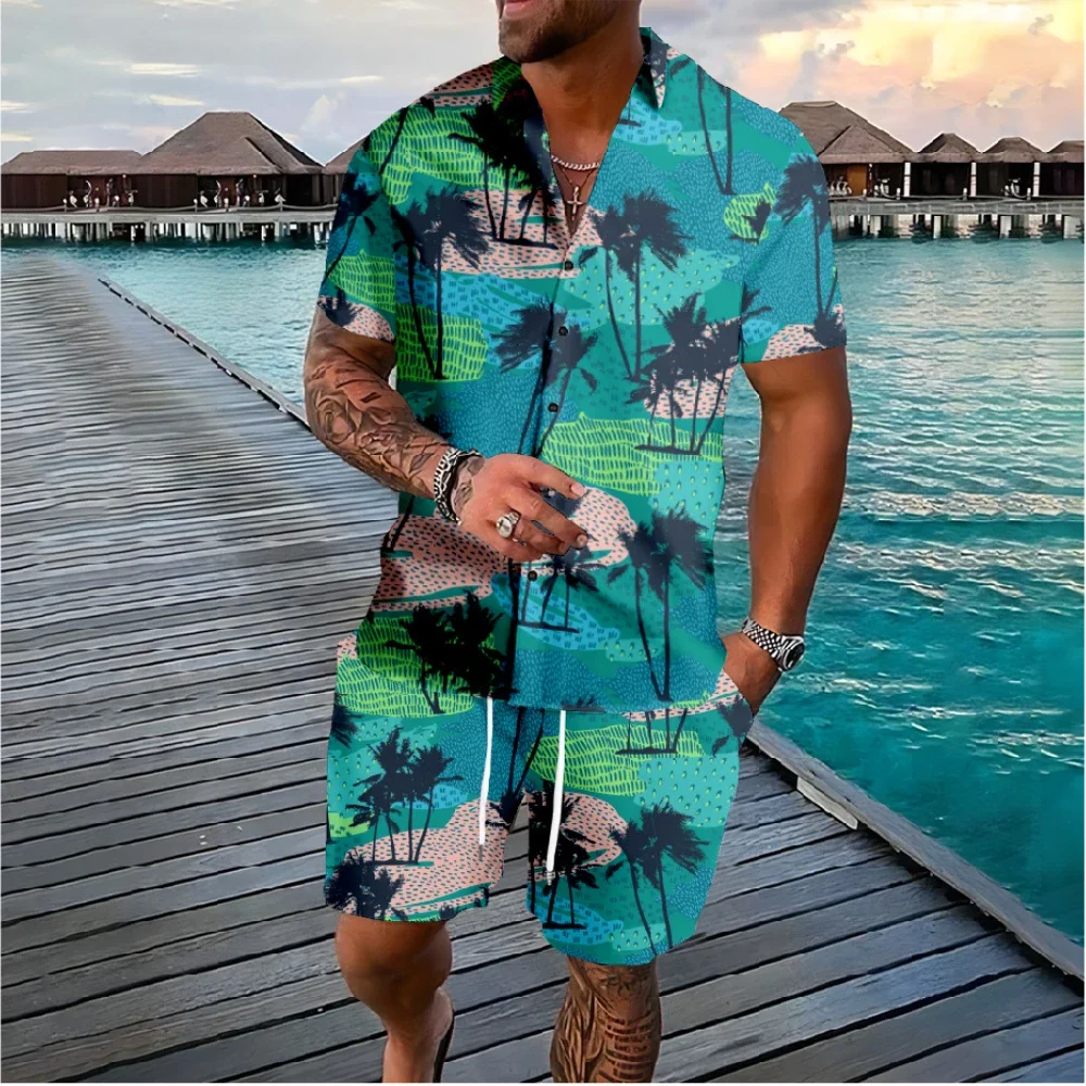 Hawaiian Flamingo Coconut Tree 3d Print Short Sleeve Shirt+Shorts 2Pcs Set Casual Beachwear Vacation 2 Piece Suits Men Clothing 5