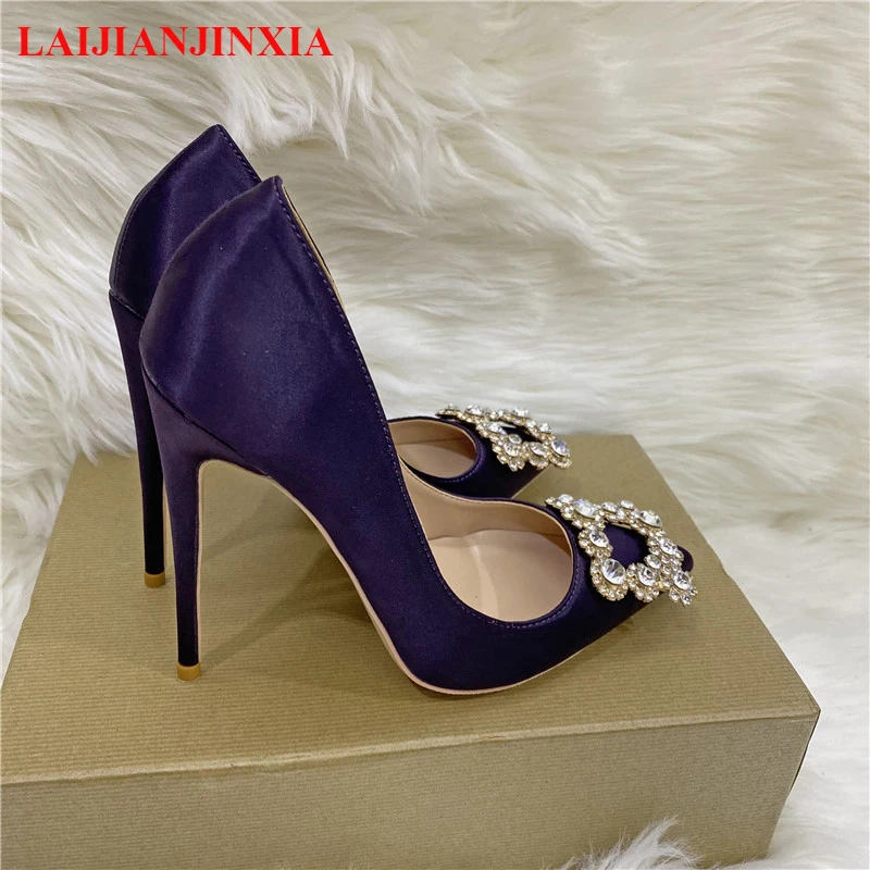 

Diamante Squre Decor Women Satin Pointy Toe Stiletto Pumps 8cm 10cm 12cm Sparkly Party Wedding Shoes Black Purple