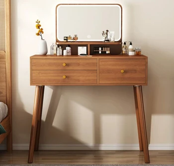 Minimalist Retro Dressers for Bedroom Walnut Color Dressing Tables with Mirror Chair Makeup Dresser Vanity Bedroom Furniture