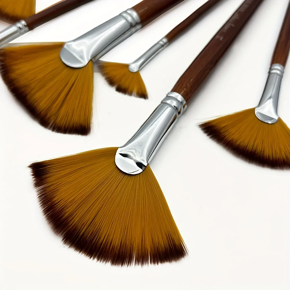 9pcs Professional Fan Paint Brush Set - Long Wood Handle High-Quality Nylon Hair for Watercolor, Acrylic, Oil & More 3