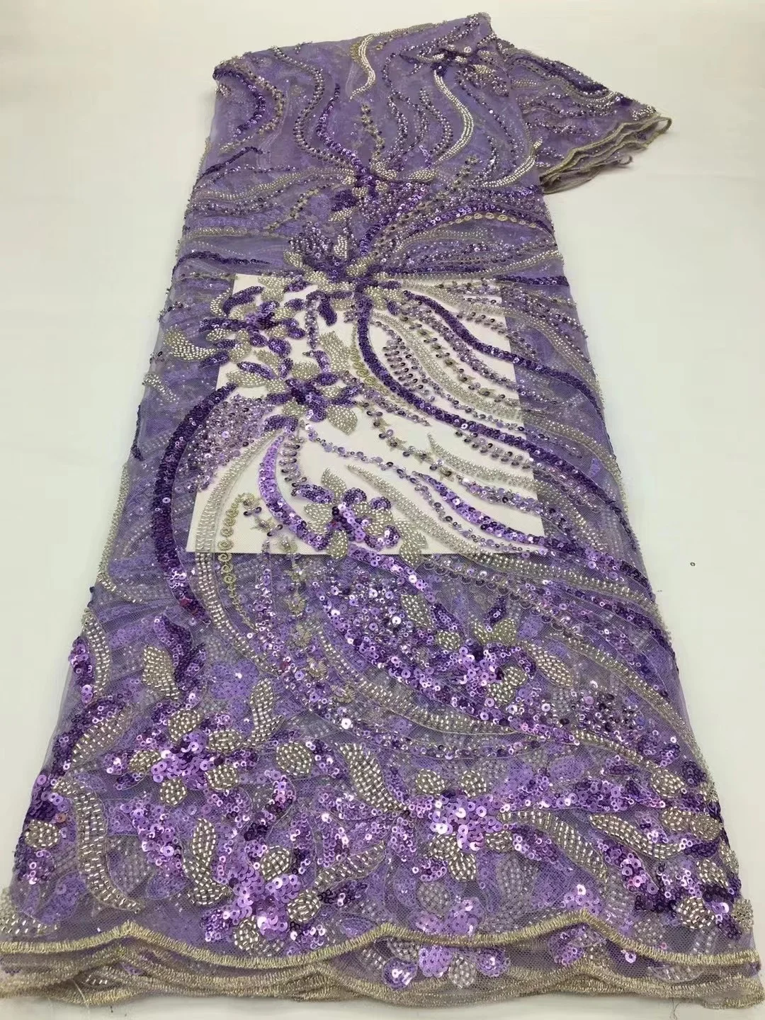 

African Lace Fabric Sequins Pearl 2023 French Nigerian Tulle Lace Fabric Purple High Quality For Diy Sewing Party Wedding Gown