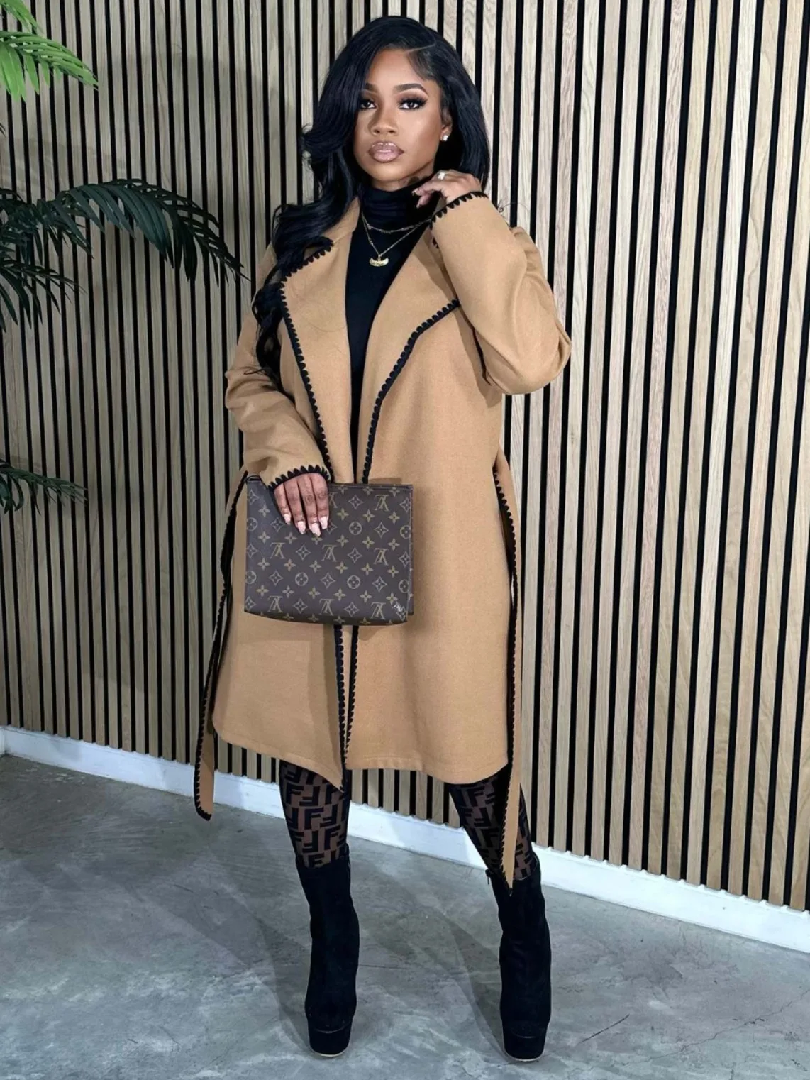 Spring Women Elegant Woolen Long Sleeve Turn-Down Collar Coat Casual Bandage Loose Windbreaker Jacket Women Long Jacket Coat