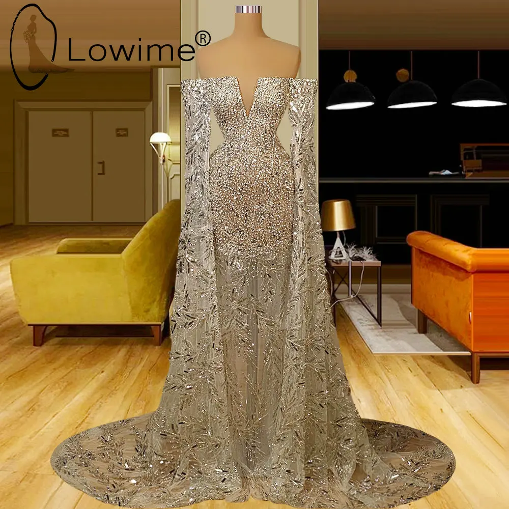 

Sparkly Off Shoulder Long Sleeves Mermaid Women Evening Dresses for Party Sexy Illusion Muslim Saudi Arabia Prom Gowns 2022 Robe