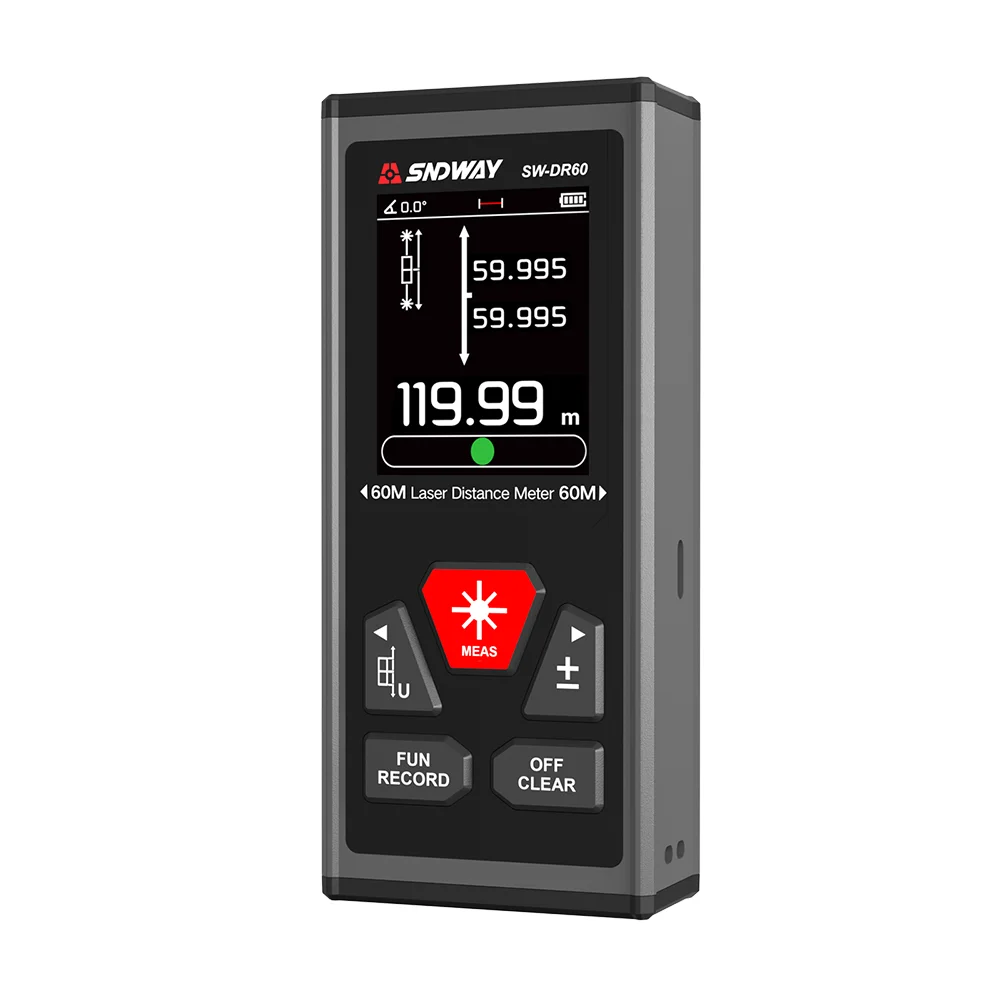 

Dual Laser Distance Meter Rechargeable Bilateral Laser Rangefinder 60m 100m Digital Tape Measure Angle Measurment Tools SW-DR100