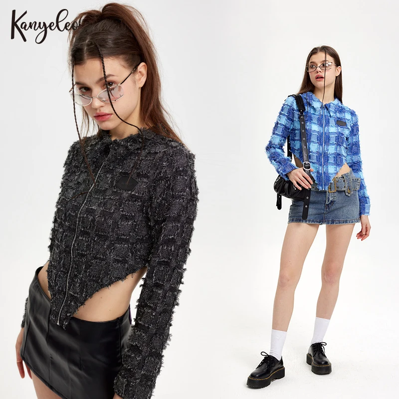 

KANYELEO Y2K Style Short Irregular Hem Tops Women Early Spring New Long Sleeve Plaid Shirt camisas Casual
