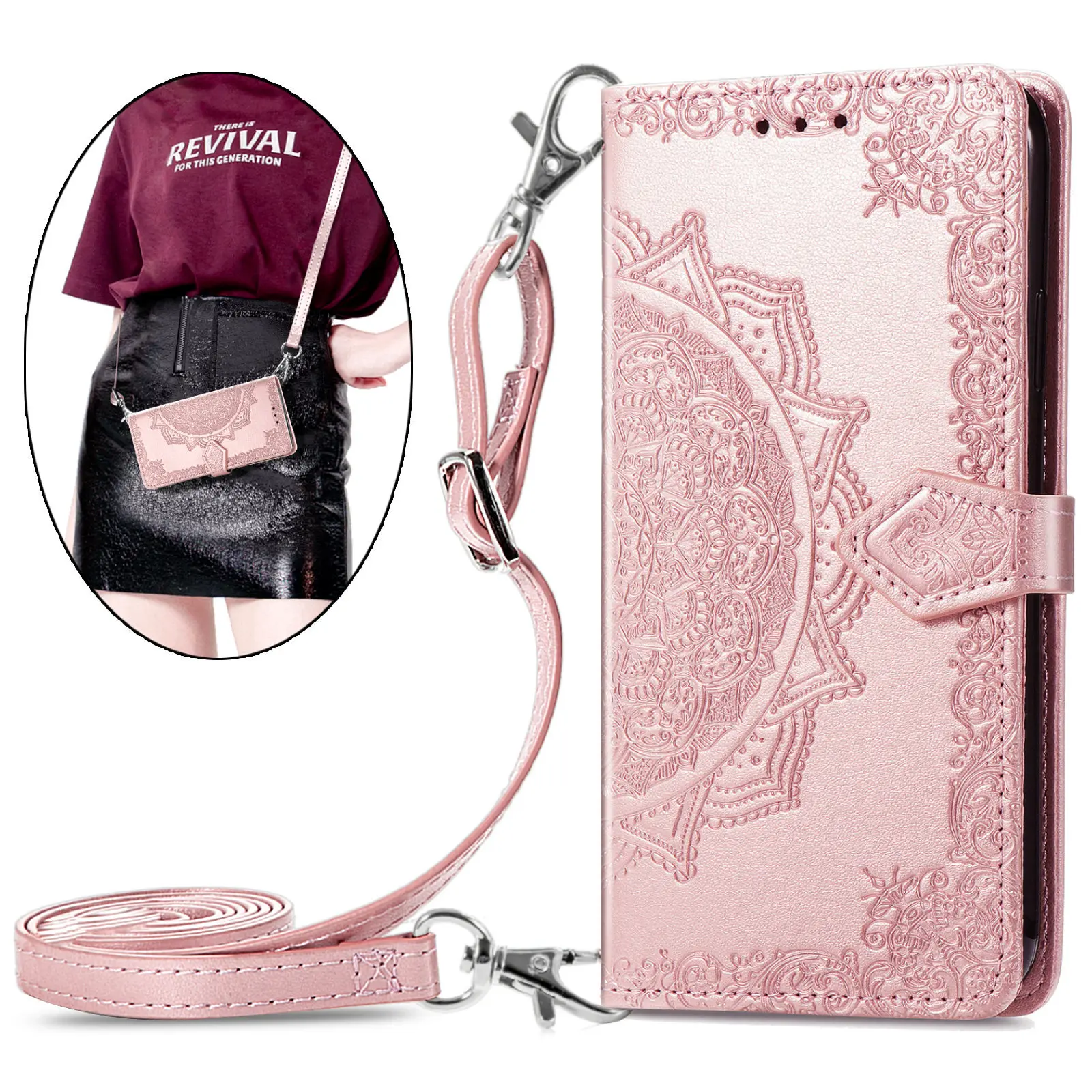 Mandala Flower Leather Strap Crossbody Flip Wallet Case with Card Slots