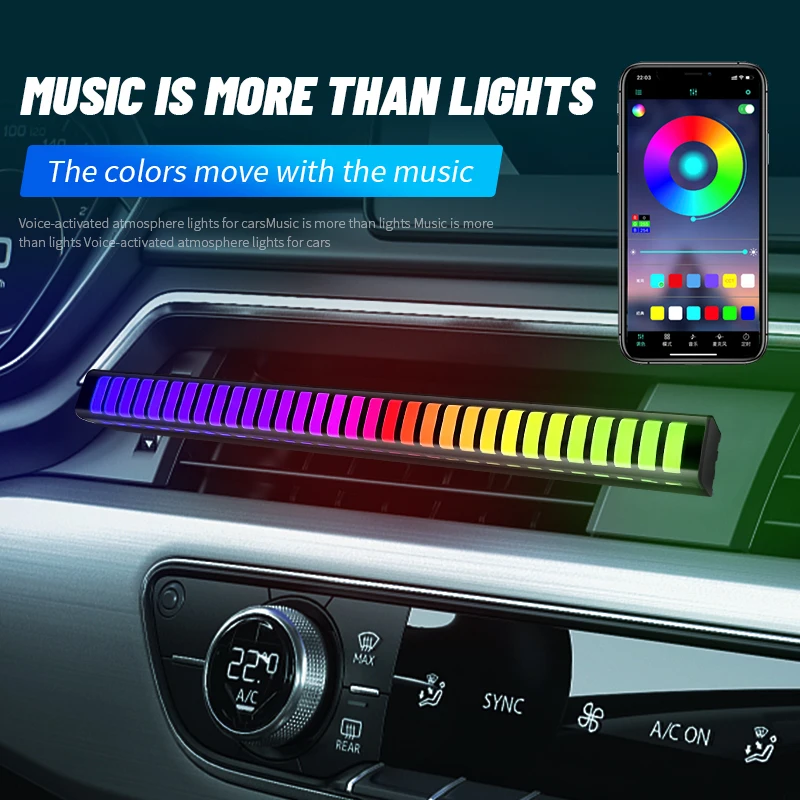 

Car Music Rhythm Lamp Air Outlet Freshener RGB 32 LEDs Sound Control Voice Rhythm Atmosphere Light 18 Colors Option App Control