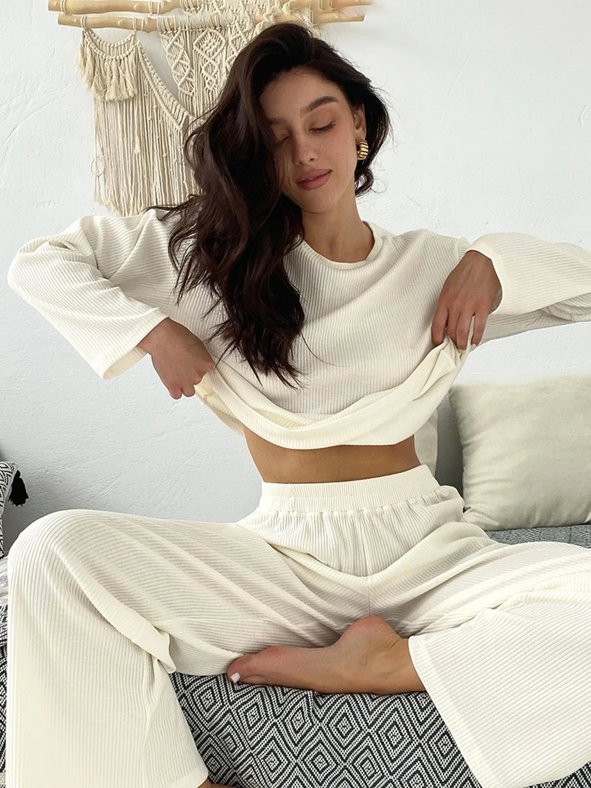 Marthaqiqi Autumn Fashion Women Pajamas Set Long Sleeve Nightwear O-Neck Sleepwear Pants Causal Female Nightgowns 2 Piece Suits
