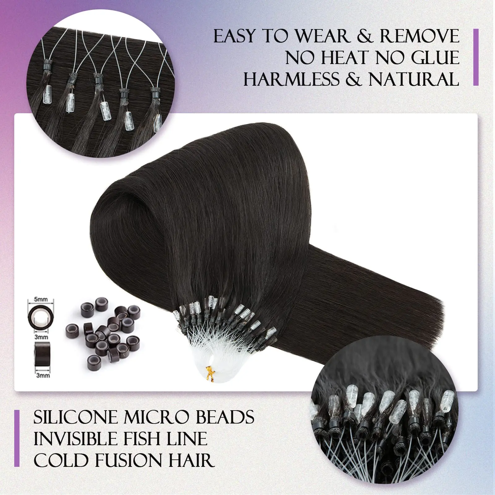 Straight Micro Loop Hair Extensions #1B Natural Black Real Hair Extensions 16-26 Inch Micro Ring 1g/1strand 50G