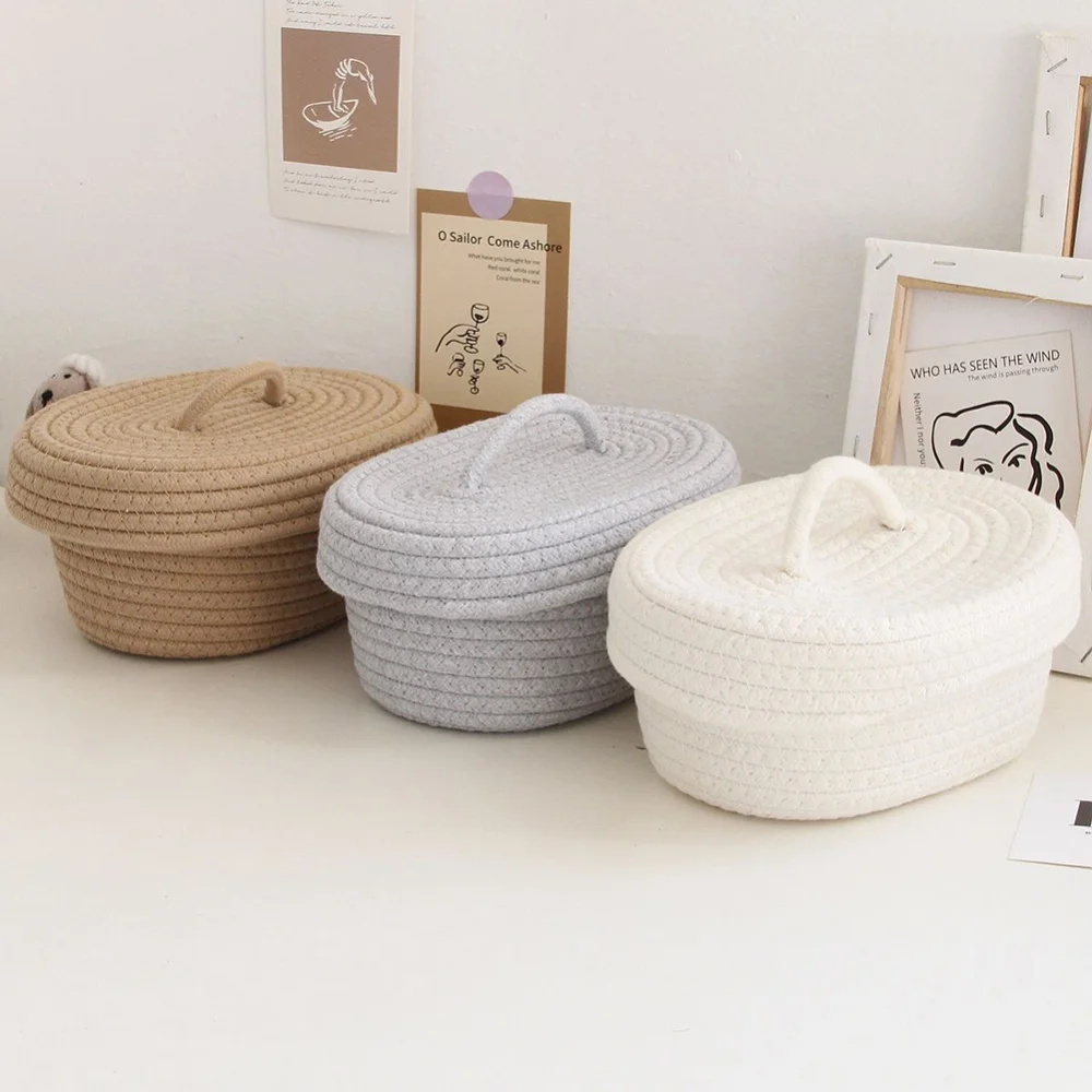 Oval Cotton Rope Woven Storage Baskets With Lid Kids Toys Desktop Organizer Sundries Storage Box Container Laundry Baskets