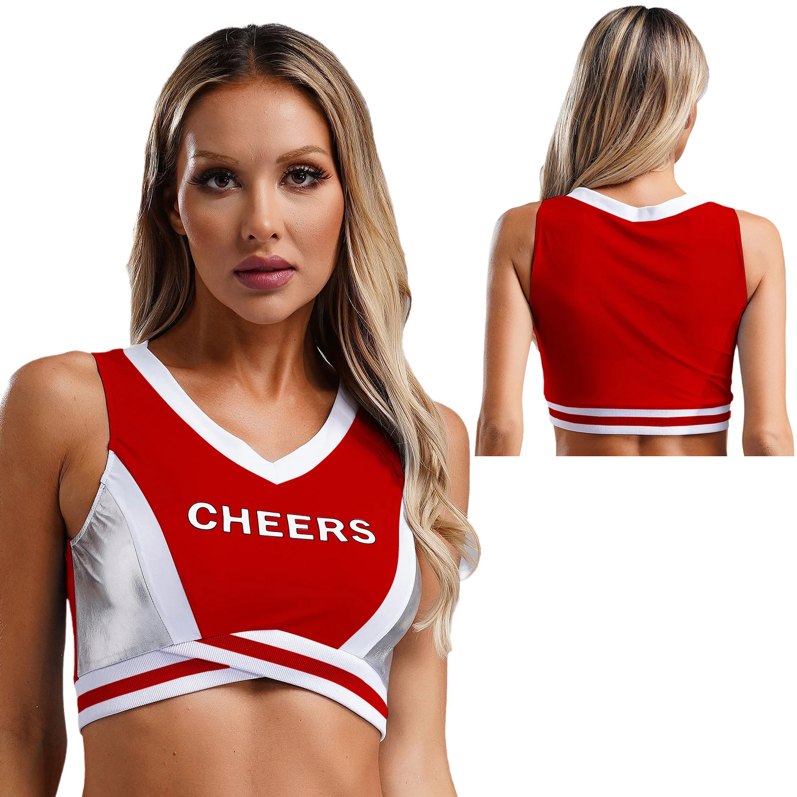 Top corto con cuello en V en forma de V para mujer, trajes de Cosplay de Halloween para carreras de coches, uniforme de porristas enérgico, camiseta sin mangas con contraste