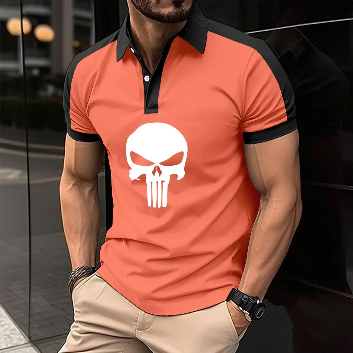 Description Picture 3 of item50% Cotton Polo Men Shirt Short Sleeve Polo Shirt Contrast Color Polo Skull print Summer Streetwear Casual Fashion Men tops