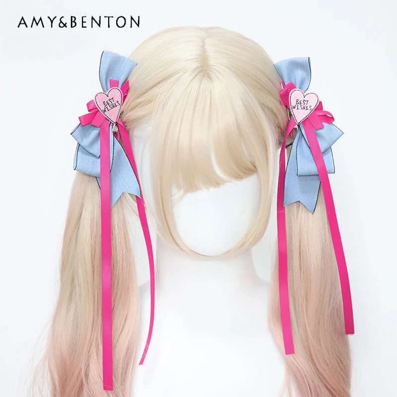 Sweet Pink Blue Contrast Color Series Barrettes Heart Hot Girl Lolita Pink Love Ribbon A Pair of Hairclips Accessories Women baby girl headbands kids headwear lolita spanish head accessories flower wedding princess lace hair band bow barrettes