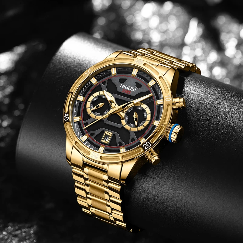 NIBOSI Brand Luxury Gold Watch for Men Sport Stainless Steel Waterproof Luminous Chronograph Quartz Watch Mens Relogio Masculino