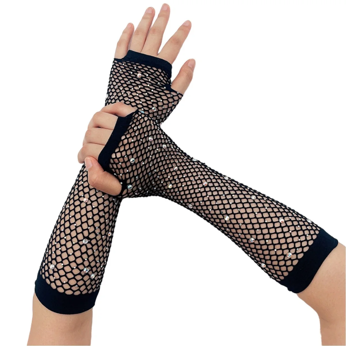 

Hot Diamond Sunscreen Sleeve Party Fishing Net Diamond Inlaid Elastic Mesh Gloves, Hot Diamond Cross border Half Finger Gloves