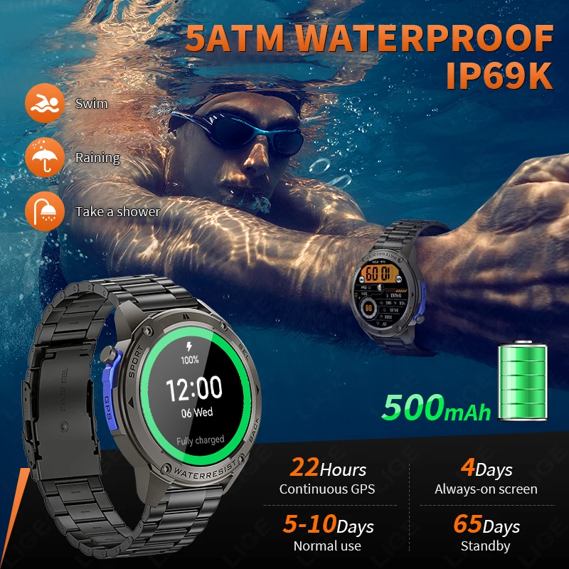 LIGE 5ATM Smart Watch 1.43" AMOLED Screen Voice Call Outdoor Sports Watches Men Waterproof 500mAh Battery Health GPS Smartwatch