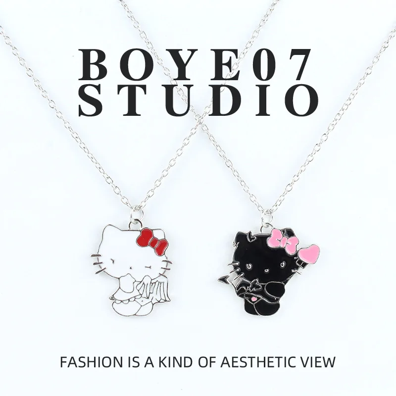 

Sanrio Anime Black and White Hello Kitty Necklace Couple Pendant Cute Cartoon KTM Best Friend Collar Chain Holiday Gift