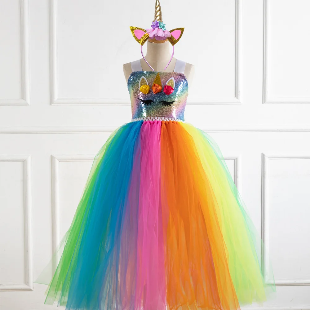 

Deluxe Girls Unicorn Costume Long Dress Rainbow Mesh Tutu Skirt Birthday Gift School Performance Party Dress Up