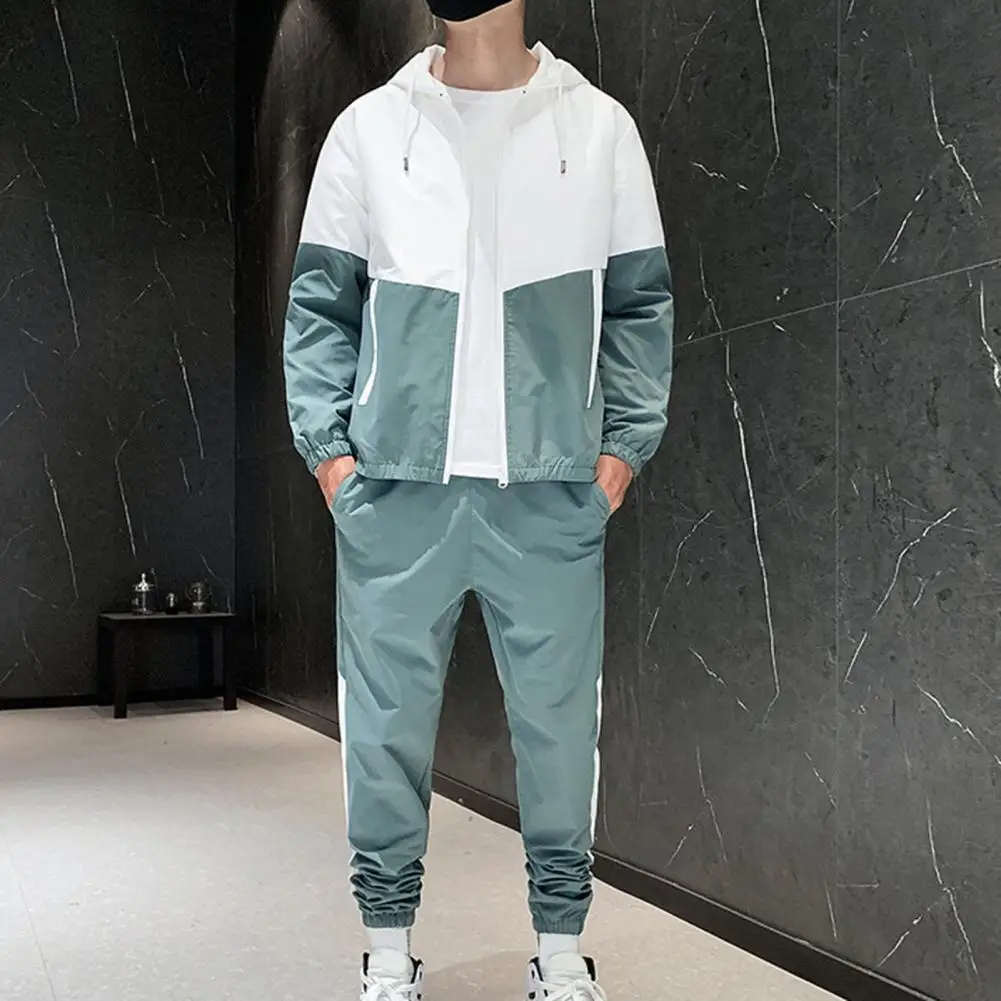

Hooded Long-sleeved Jacket Elastic Waisted Trousers Men's Patchwork Color Sport Outfit Hooded Zipper Coat Elastic Waist