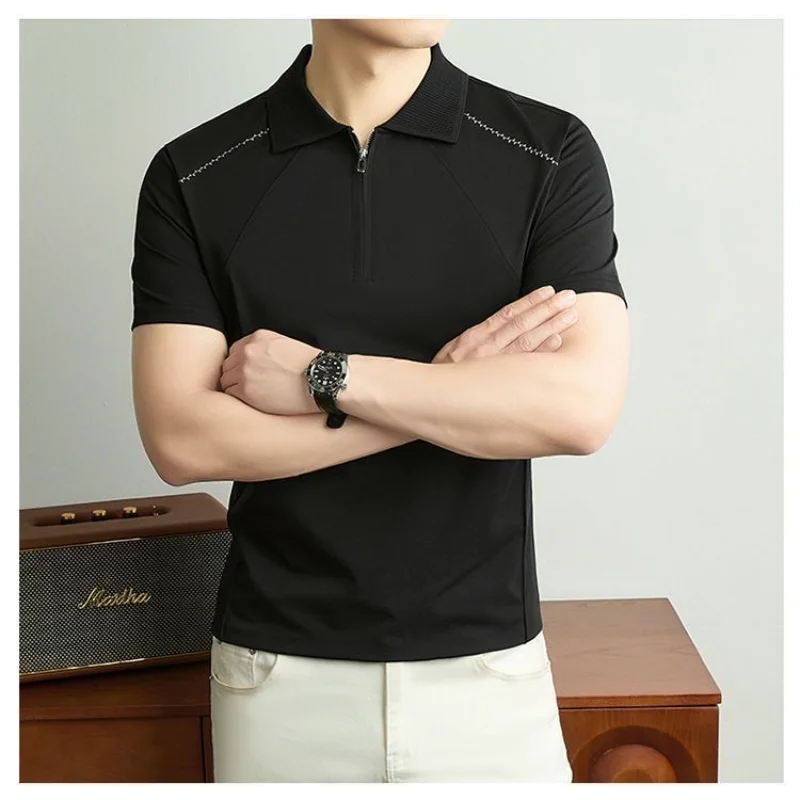 Polo da Uomo Bianca con Mezza Zip, Decorazione a Punti, Maniche Corte Raglan, Morbida, Casual, per Business - immagine 5