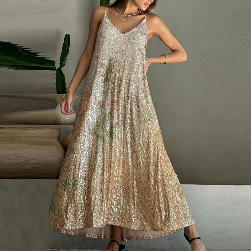 

Women V Neck Big Hem Sling Dress Elegant Sleeveless Floral Print Maxi Party Dress Sexy Glitter Sequin Backless High Street Dress