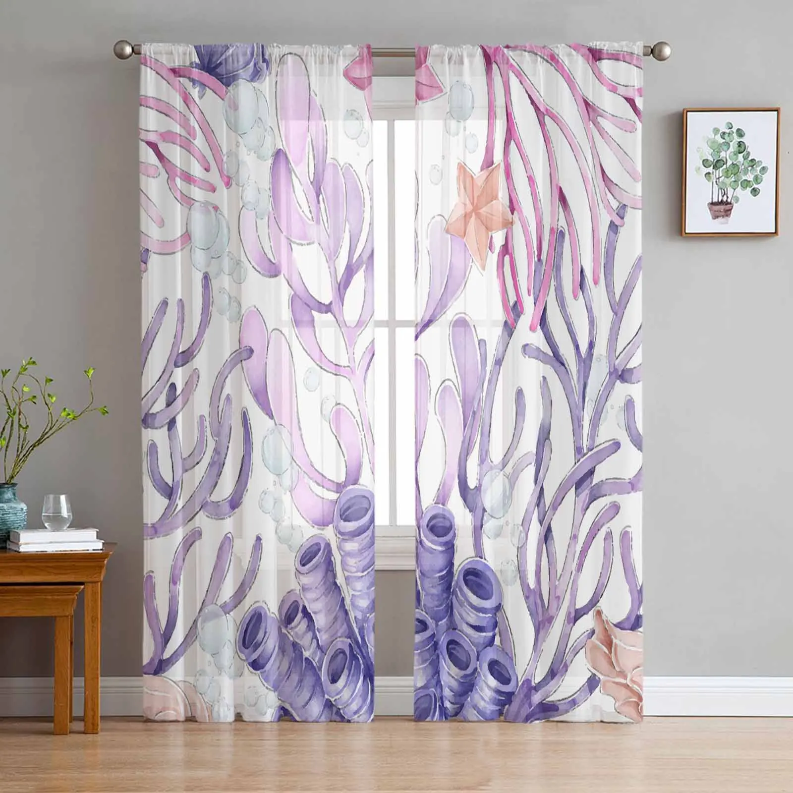 

Ocean Coral Starfish Watercolor Tulle Curtains for Living Room Sheer Curtain for Bedroom Kitchen Blinds Voile Curtains