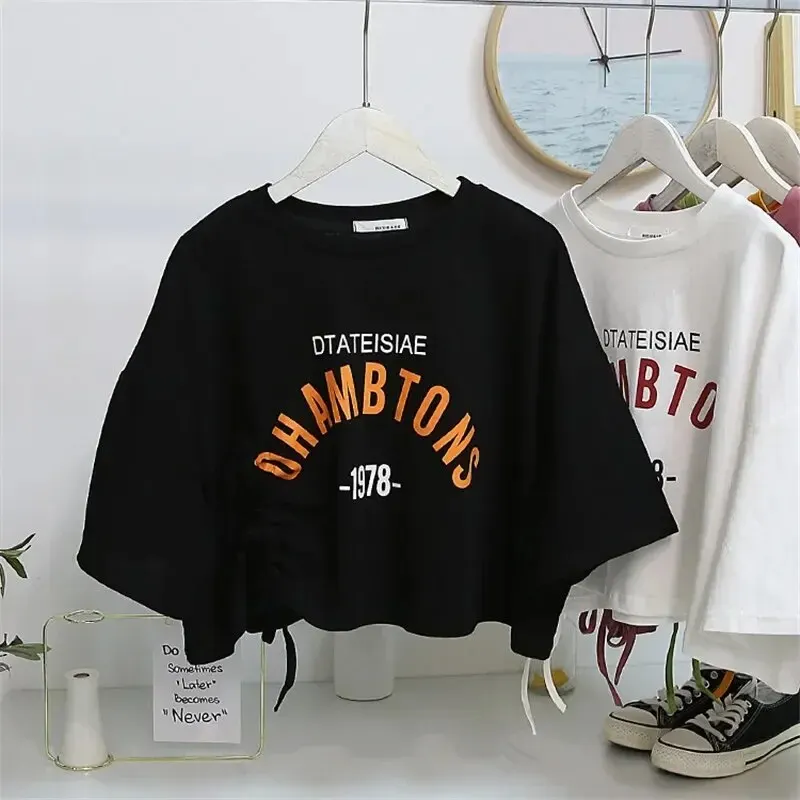 Top corto estampado con cordón para mujer, camiseta de manga corta con diseño de temperamento, informal, negro, verde, rosa, blanco y naranja - Image 2