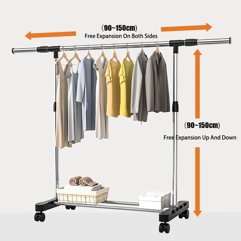 Tainless Steel Floor Drying Rack Double Pole Lifting Clothes Hanger Telescopic Mobile Hanging Clothes Rack Bedroom Coat clothes rack