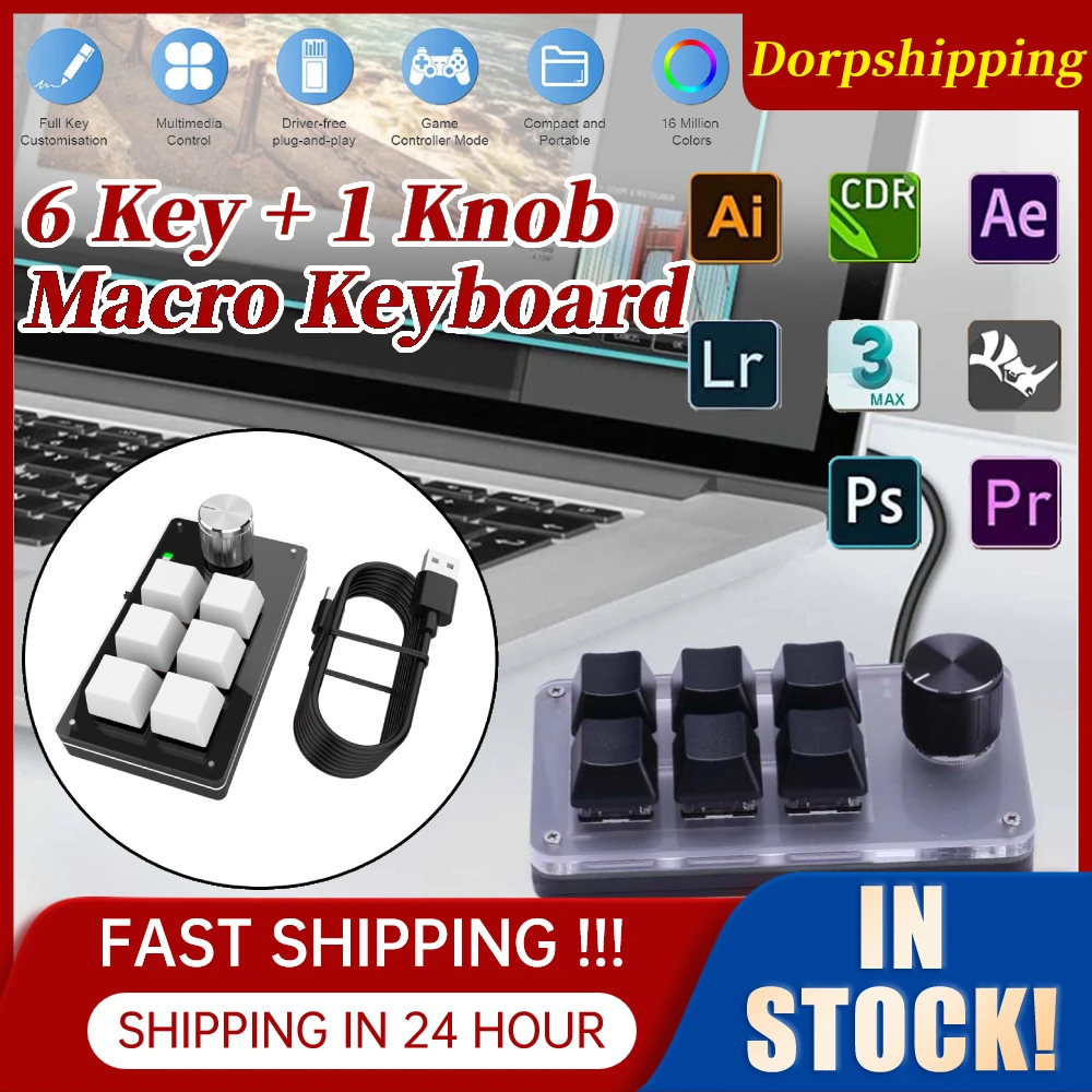 Bluetooth Wireless/USB Keyboard 6 Keys+ 1 Knob One handed Programmable