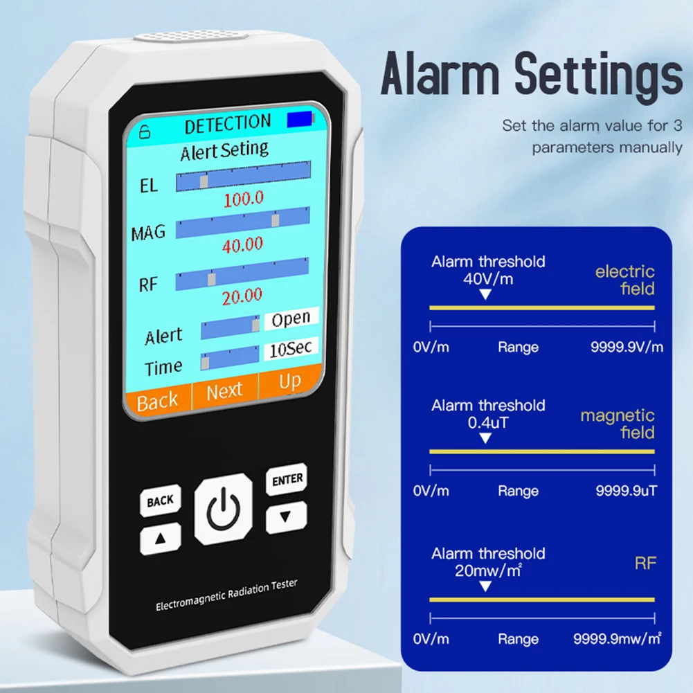 Radiation Detector Emf Meter Tester Electromagnetic Radiation Detector Backlit Color Screen EMF Meter Electric Field Magnetic Field RF Radiation Tester Sound Alarm