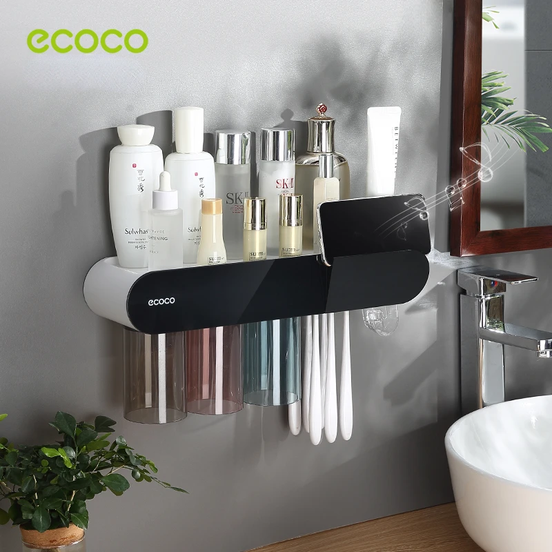Toothbrush Holder Toothpaste Dispenser ECOCO Magnetic Adsorption Inverted Toothbrush Holder Automatic Toothpaste Squeezer Dispenser Storage Rack Bathroom Accessories