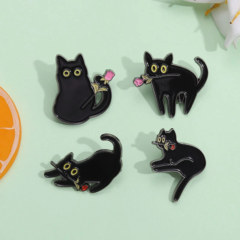 Flower and Black Cat Enamel Pins Cartoon Animal Decorative Brooches Hat Clothes Backpack Badge Pin Wholesale Price Lapel Pins