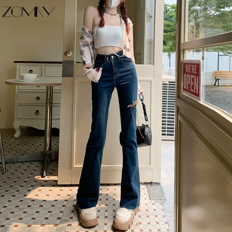 

ZOMRY Korean Style Street Women Gothic Low Rise Jeans Fairy Grunge Pants Wide Leg Denim Lace Up Alt Straight Pants Streetwear