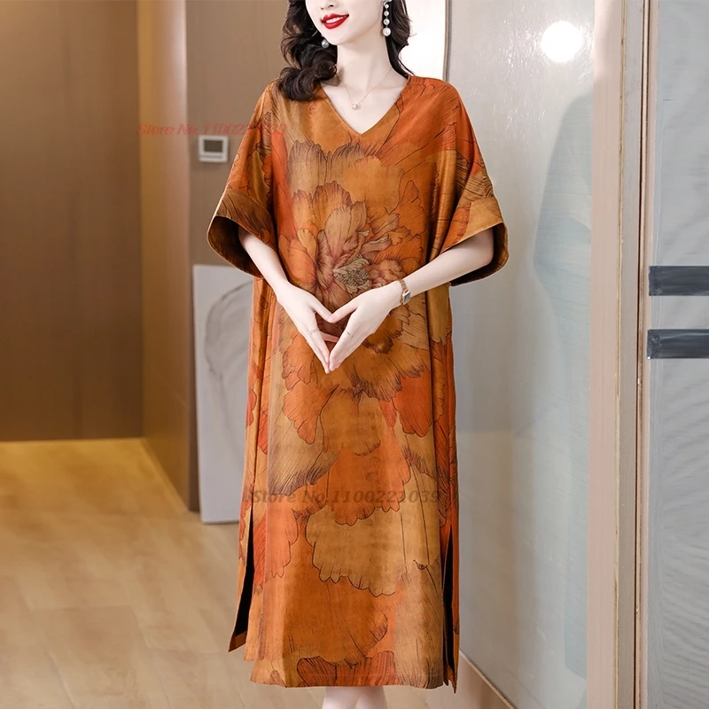 

Традиционное китайское винтажное платье 2024, улучшенное атласное платье-Ципао с национальным цветочным принтом и V-образным вырезом, восточное платье