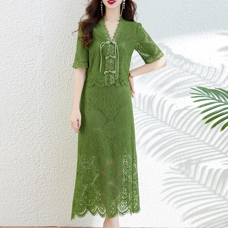 

2023 New Fashion Two Piece Dress Women's Summer Versatile Short Sleeve V-Neck Loose Fit Casual Holiday Dress Vestidos