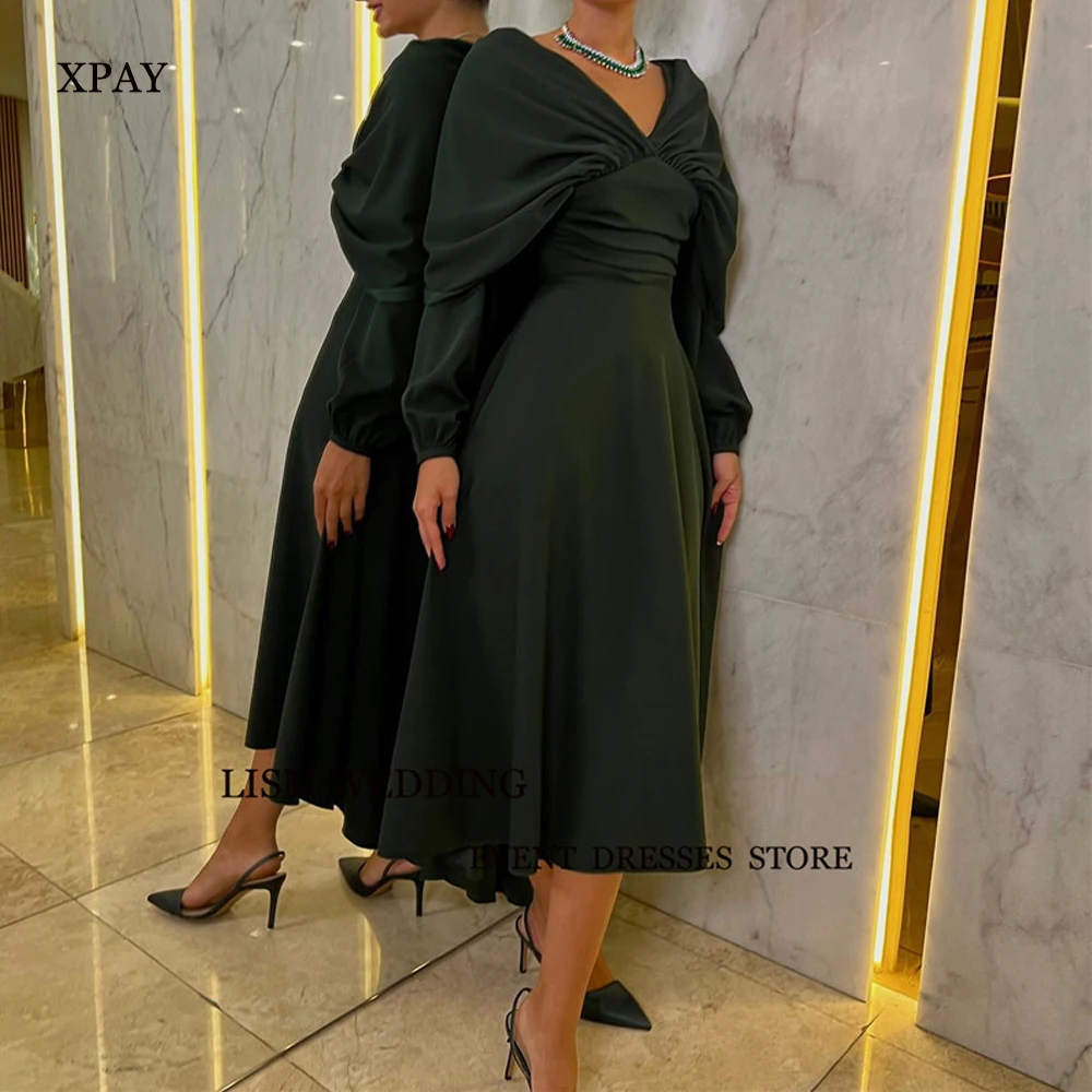 

XPAY Vintage Dark Green Saudi Arabic Women Evening Party Dresses Saudi Arabic Women Long Sleeves Tea Length Evening Party Gowns