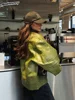 Fashion Green Leather Sleeve Loose Jacket Women Chic Laple Zipper Cropped Short Coats 2024 New Lady Casual High Street Outerwear 1