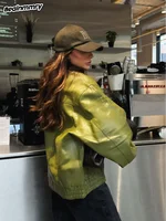 Fashion Green Leather Sleeve Loose Jacket Women Chic Laple Zipper Cropped Short Coats 2024 New Lady Casual High Street Outerwear 1