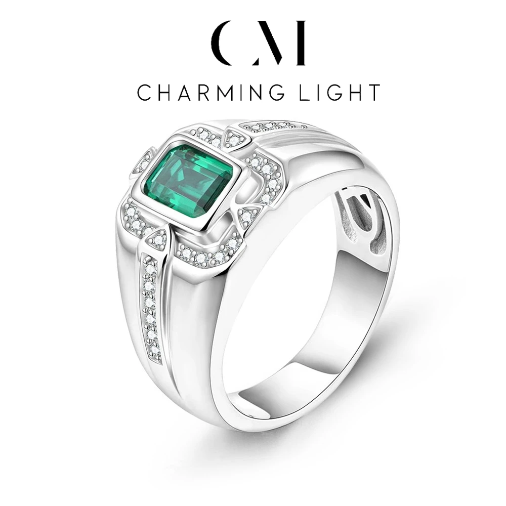 CHARMING Original Green Emerald Ring for Men Faced Cutting Gemtone 925 Sterling Silver Daily Jewelry Birthday Gifts