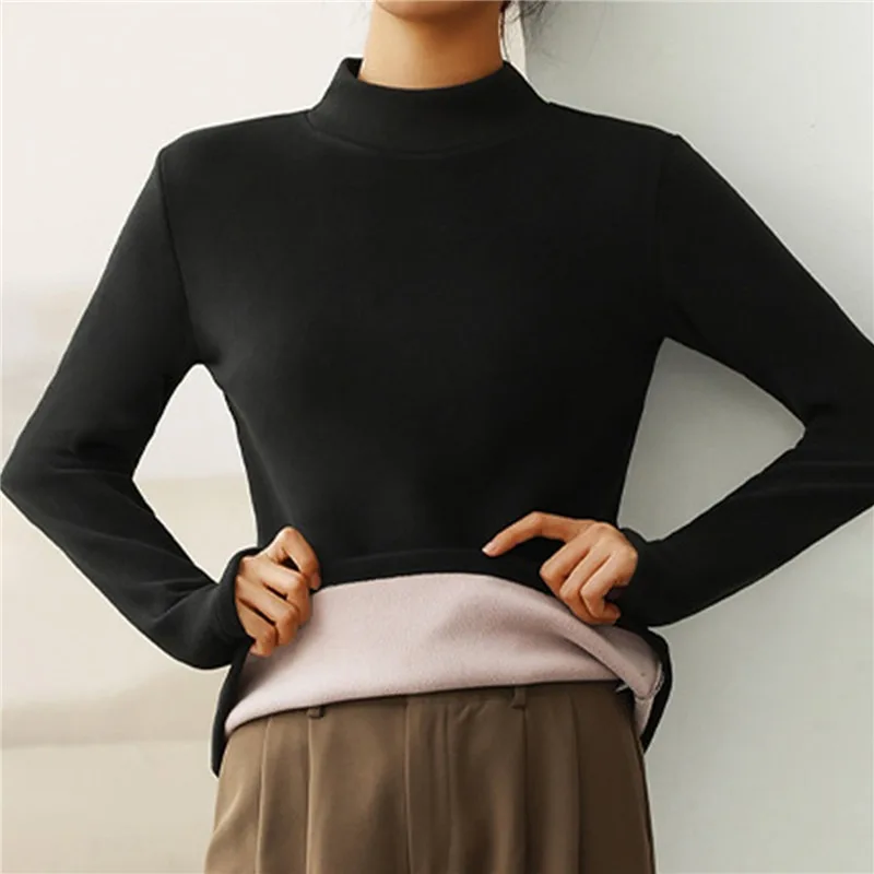 

Women Turtleneck Pullovers Winter Thicken Velvet Lined Warm Sweater Slim Bottoming Shirt Korean Streetwear Soft Solid Jumper Top
