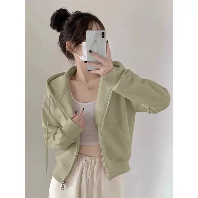 Pink Petite Sweatshirt Jacket Women's Spring Autumn 2024 New Style Hooded Loose-Fit Zipper Cardigan Cropped Top - Image 3