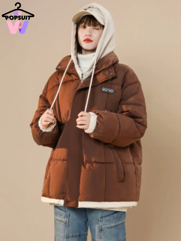 

New in Women Hoodie Lamb Hair Splicing Fake Two-piece Solid Thick Hooded Down Cotton Jacket Couples Street-wearing Jackets Coats