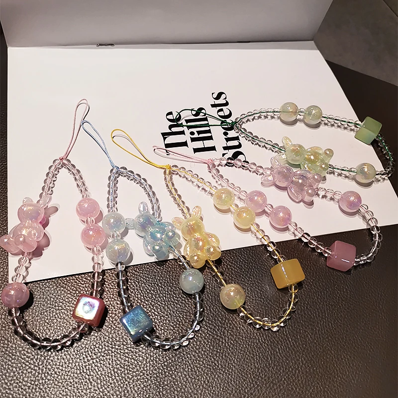 Short Hand-beaded Wrist Pendant Mobile Phone Lanyard Personality Pendant Cartoon Rabbit Rhinestone Bead Pendant Anti-lost Sling